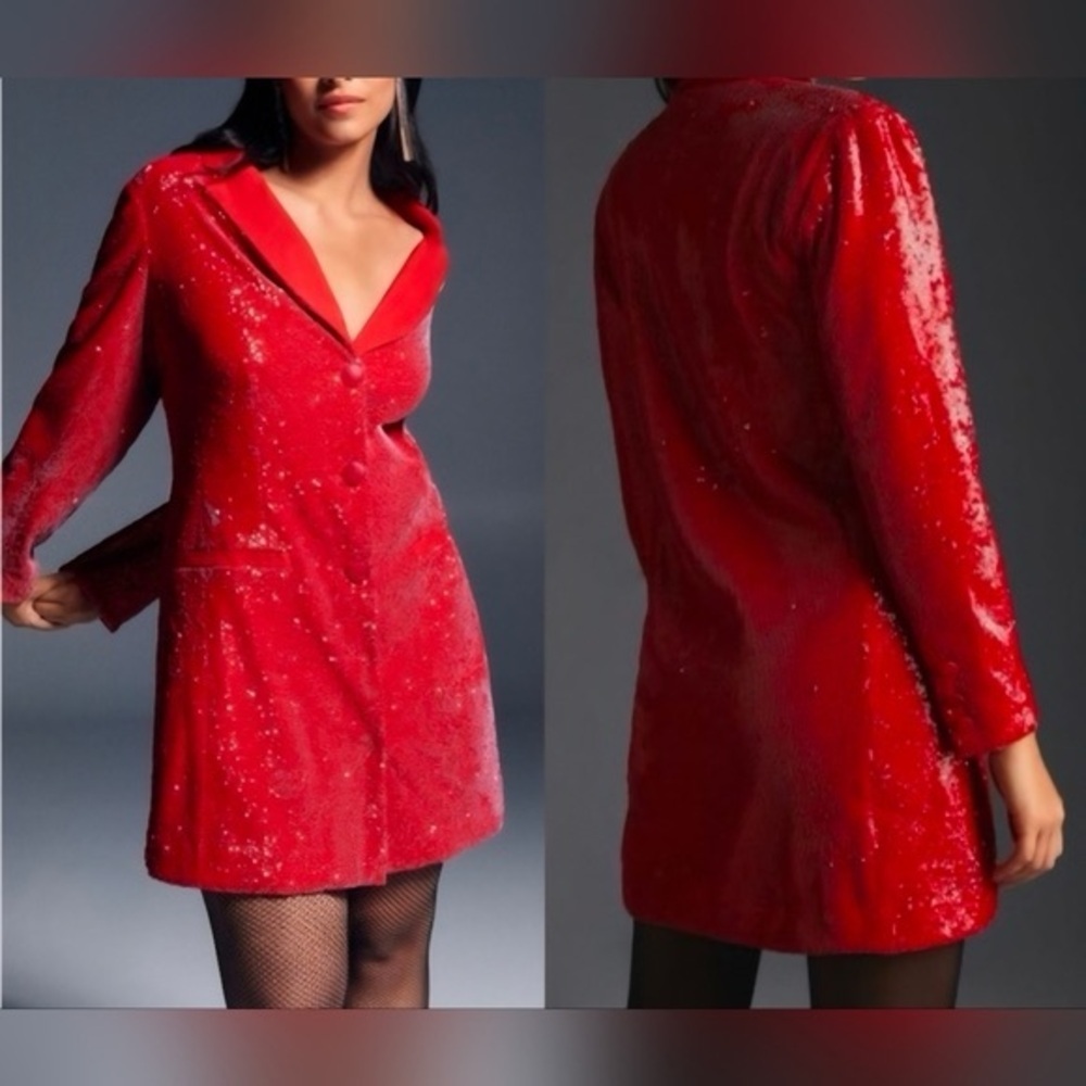 Anthropologie Red Sequin Women's Blazer Dress Size 4p - Picture 6 of 13